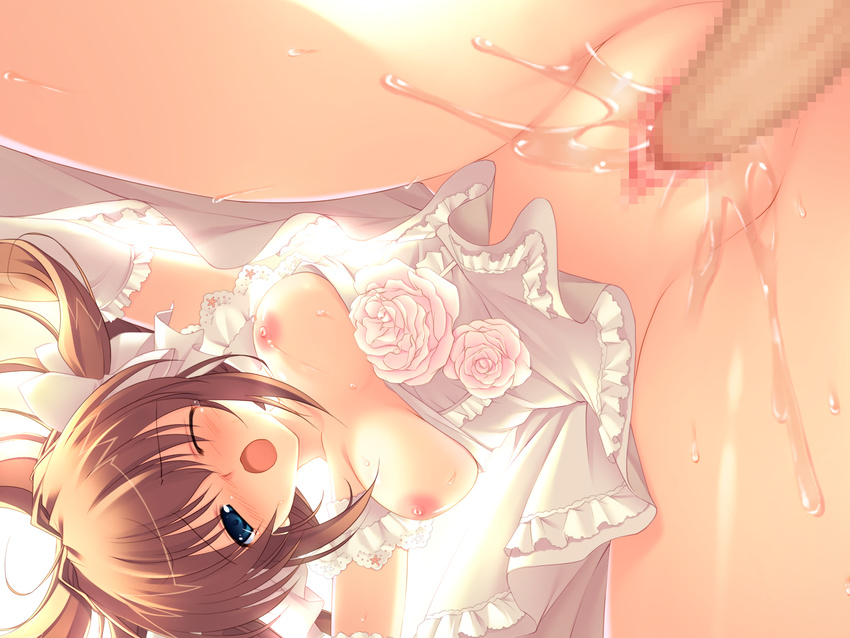 asuka_mirai blue_eyes blush breasts brown_hair censored game_cg mikeou nanairo_kouro nipples penis pussy pussy_juice sex wet