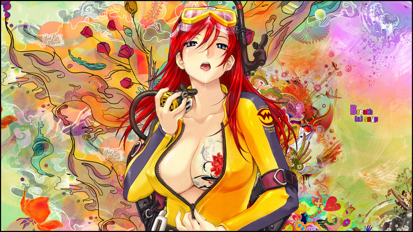 1girl blue_eyes breasts cleavage drool erect_nipples female flower flowers goggles gradient gradient_background happoubi_jin highres large_breasts long_hair no_bra open_clothes open_shirt open_wetsuit open_zipper red_hair saliva scuba_gear shirt snorkel snyp solo tattoo tongue wallpaper wetsuit zipper