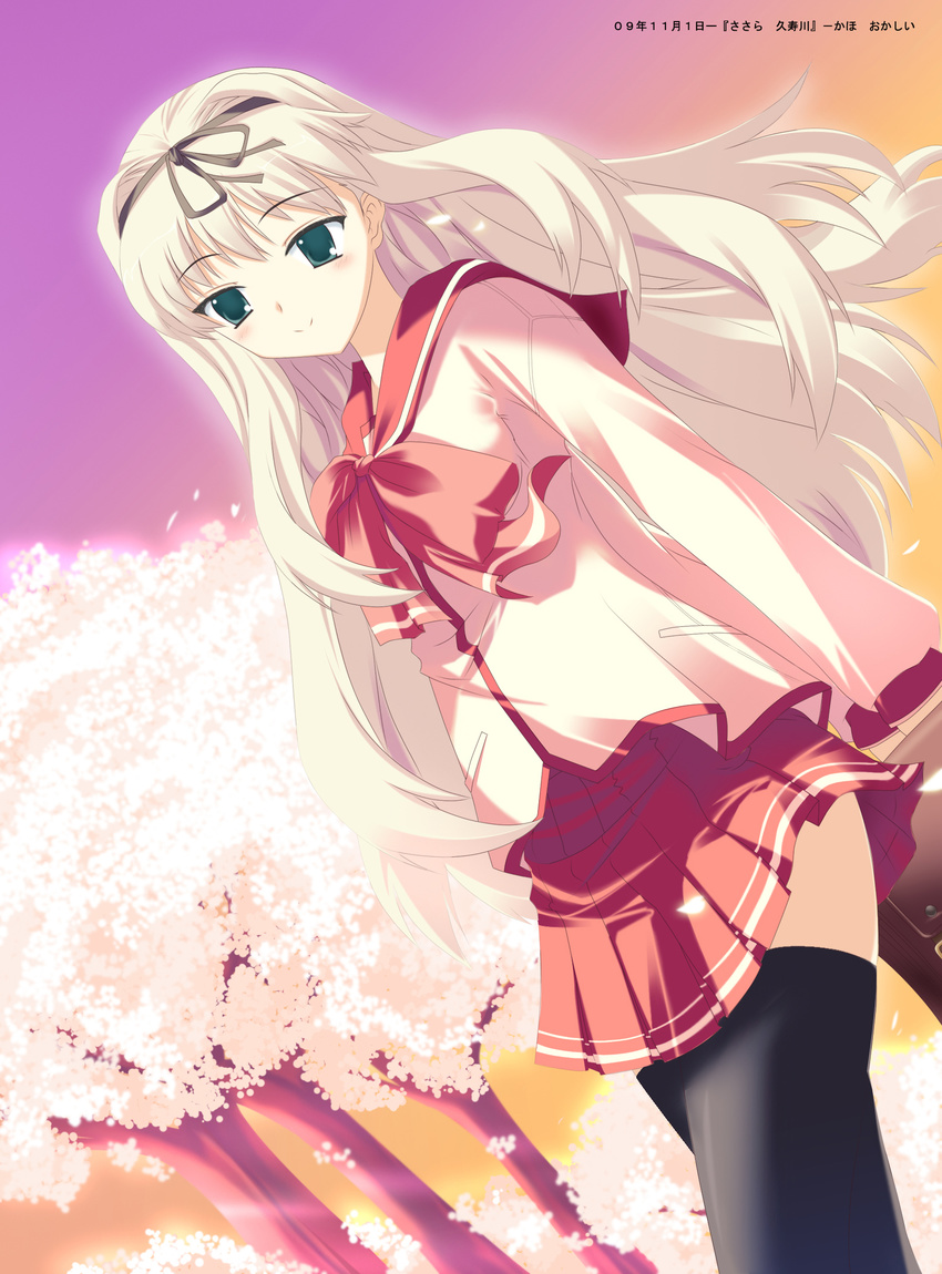 bad_id bad_pixiv_id blonde_hair blush cherry_blossoms hair_ribbon hairband highres kaho_okashii kusugawa_sasara long_hair ribbon school_uniform skirt thighhighs to_heart_2