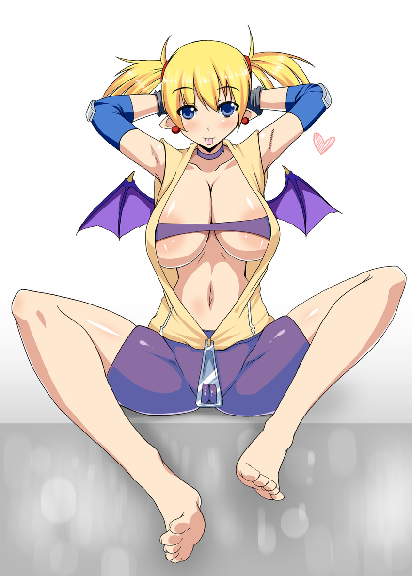 :p @ma? aq_interactive arcana_heart areolae arms_up atlus barefoot blonde_hair blue_eyes blush breasts cameltoe choker collarbone demon_girl examu feet female full_body gradient gradient_background heart highres large_breasts lilica_felchenerow navel nipples open_clothes pointy_ears sitting smile solo succubus toenails toes tomatto_(@ma!) tongue tongue_out twintails white_background wings