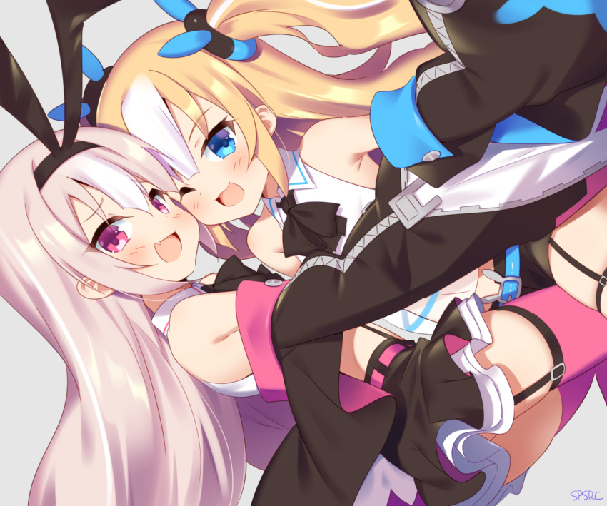 2girls :d azur_lane bare_shoulders black_bow black_neckwear black_skirt blonde_hair blue_background blue_eyes bow bowtie commentary_request detached_sleeves dutch_angle eyebrows_visible_through_hair fang from_side garter_straps hair_bow hairband hobby_(azur_lane) hug kalk_(azur_lane) long_sleeves looking_at_viewer looking_to_the_side multiple_girls one_eye_closed open_mouth pink_hair pink_legwear purple_eyes signature simple_background skirt smile takashiru thighhighs two_side_up