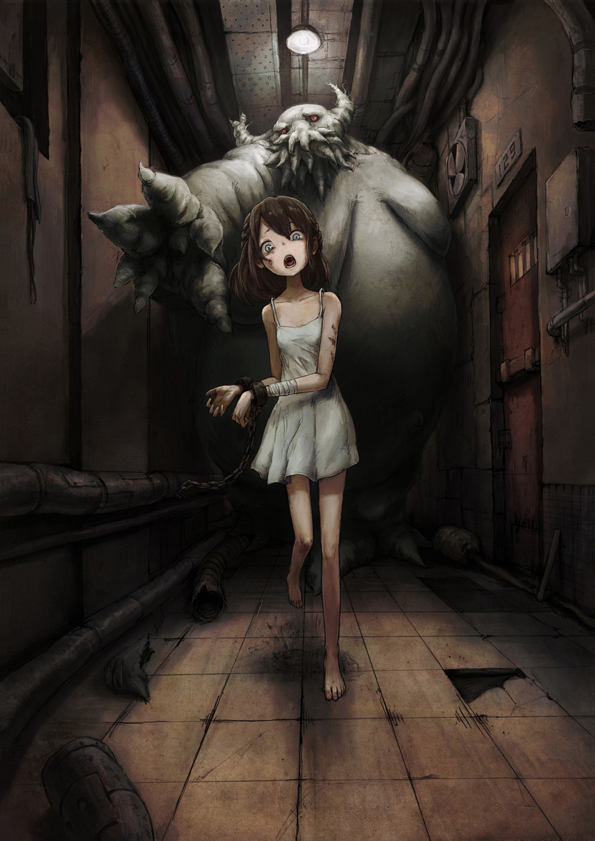 6th_gate bandages bare_shoulders barefoot blue_eyes braid breasts brown_hair chain child cuffs dress hallway handcuffs highres horror_(theme) long_hair monster open_mouth original running short_dress skinny skirt small_breasts solo sundress toi_(number8) white_skirt younger