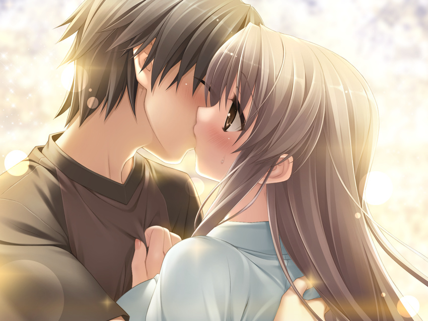 blush brown_eyes game_cg gray_hair kanekiyo_miwa kiss long_hair natsu_no_ame shinooka_misa