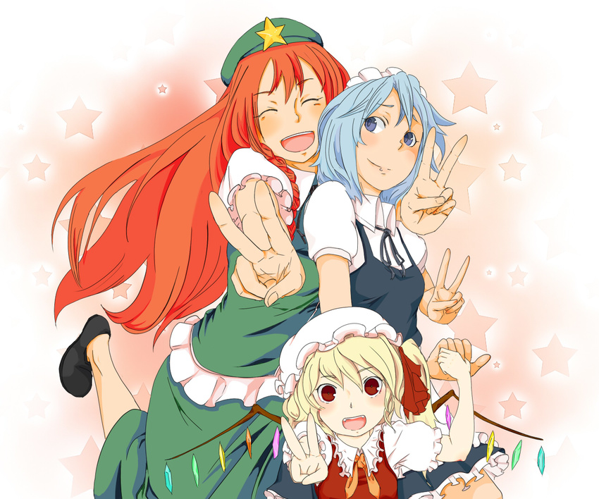 alternate_hairstyle bad_id bad_pixiv_id beret blonde_hair blue_eyes closed_eyes flandre_scarlet hat hong_meiling izayoi_sakuya long_hair looking_at_viewer maid_headdress multiple_girls open_mouth rakeko red_eyes red_hair short_hair smile touhou v wings