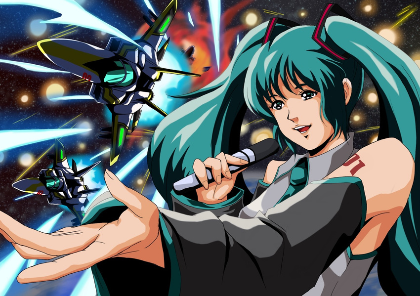 80s aqua_hair battle beam choujikuu_yousai_macross crossover detached_sleeves explosion hatsune_miku hita_(el_toro) kagamine_len kagamine_rin long_hair lynn_minmay macross macross:_do_you_remember_love? mecha microphone mikimoto_haruhiko_(style) necktie oldschool parody reaching solo space space_craft style_parody twintails vf-1 vocaloid