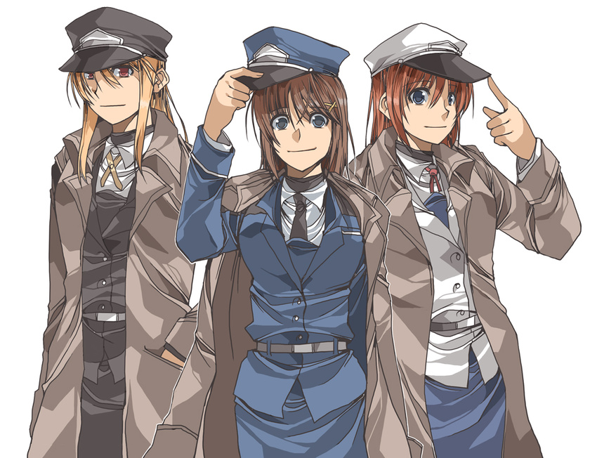 alternate_hairstyle blonde_hair blue_eyes brown_hair clipe coat fate_testarossa hair_down hair_ornament hat lyrical_nanoha mahou_shoujo_lyrical_nanoha military military_uniform multiple_girls necktie pencil_skirt purple_eyes red_eyes red_hair skirt takamachi_nanoha tsab_air_military_uniform tsab_executive_military_uniform tsab_ground_military_uniform uniform x_hair_ornament yagami_hayate