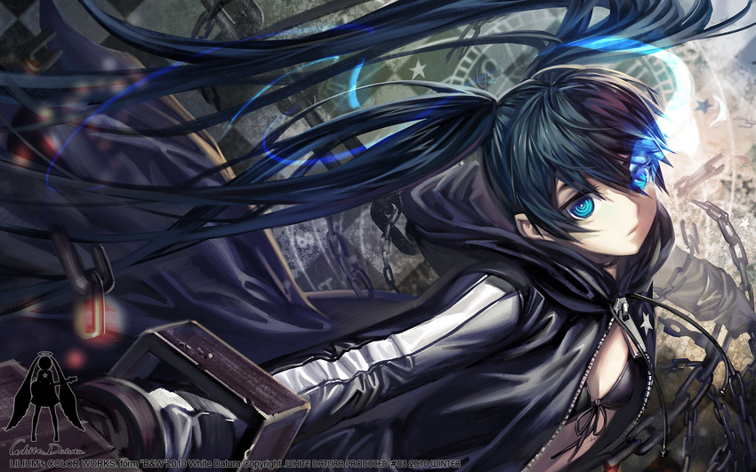 alphonse_(white_datura) bikini_top black_rock_shooter black_rock_shooter_(character) blue_eyes chain coat highres long_hair ringed_eyes scar solo twintails wallpaper