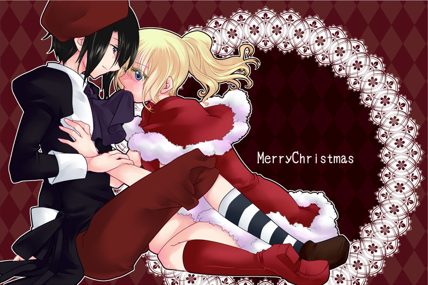 1girl beret black_hair blonde_hair boots christmas hat kanon_(umineko) koougi ponytail umineko_no_naku_koro_ni ushiromiya_jessica