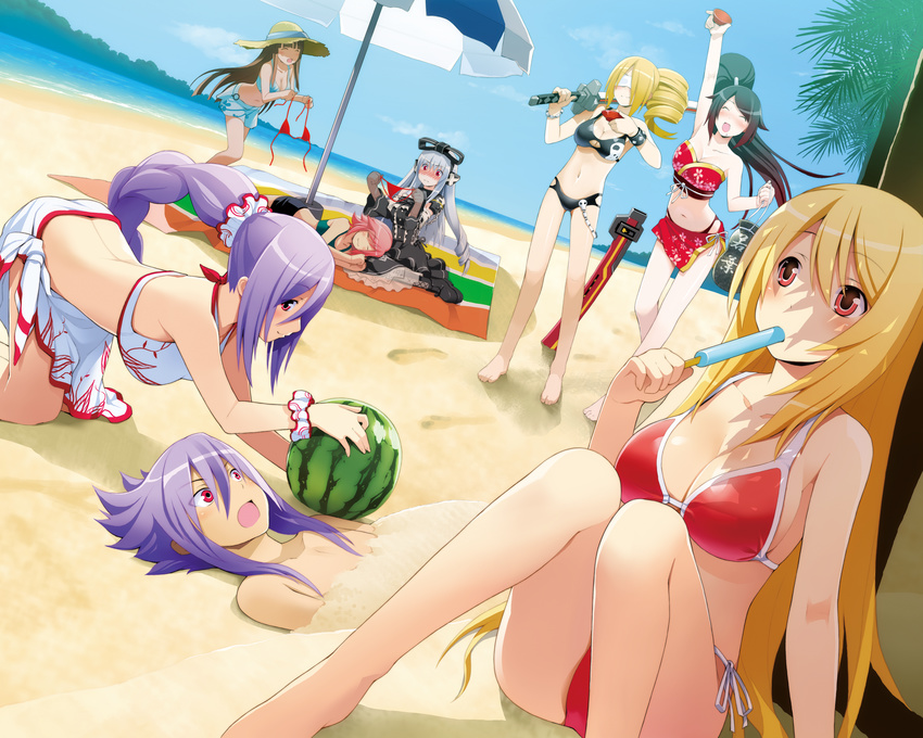 6+girls beach bent_over bikini blindfold blonde_hair blush breasts cleavage closed_eyes cosmic_break crimrose day drill_hair food fruit gothic_lolita hair_ornament hair_ribbon hat highres jikun_hu jikun_long katana large_breasts lolita_fashion long_hair mecha_musume misty_hollow multiple_girls navel open_mouth ouka_(cosmic_break) ouka_tayuu panties ponytail popsicle purple_hair red_eyes ribbon shorts side-tie_bikini silver_hair sitting sleeping suikawari swimsuit sword thoarla_nimbus thong umbrella underwear wakaba watermelon weapon winberrl