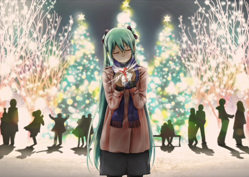 christmas christmas_tree closed_eyes gift green_hair hatsune_miku highres lights long_hair museum2088 pantyhose scarf solo very_long_hair vocaloid