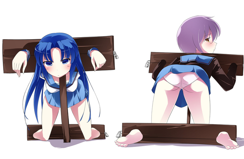 2girls asakura_ryouko bdsm bent_over blue_eyes blue_hair bondage bound feet highres long_hair looking_back maullarmaullar multiple_girls nagato_yuki panties short_hair stocks suzumiya_haruhi_no_yuutsu suzumiya_haruhi_no_yuuutsu underwear uniform yellow_eyes