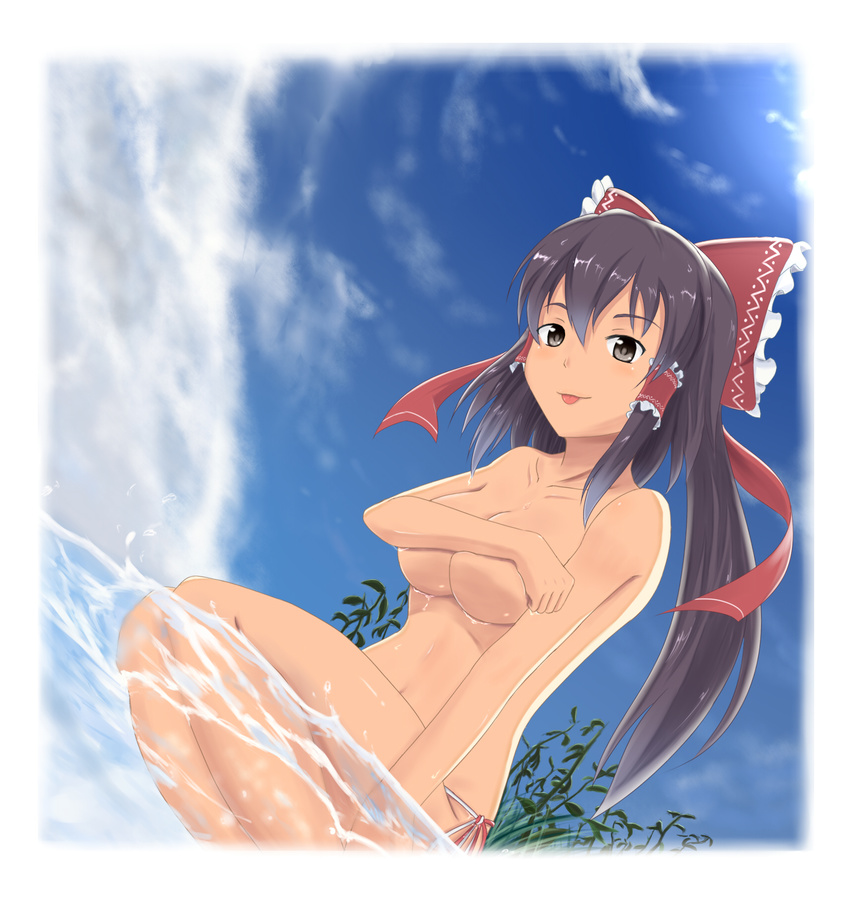 :p bad_id bad_pixiv_id bikini black_hair border bow breast_hold breasts brown_eyes covering dutch_angle fading_border hakurei_reimu highres momo_no_kanzume ponytail side-tie_bikini solo swimsuit tan tongue tongue_out topless touhou water