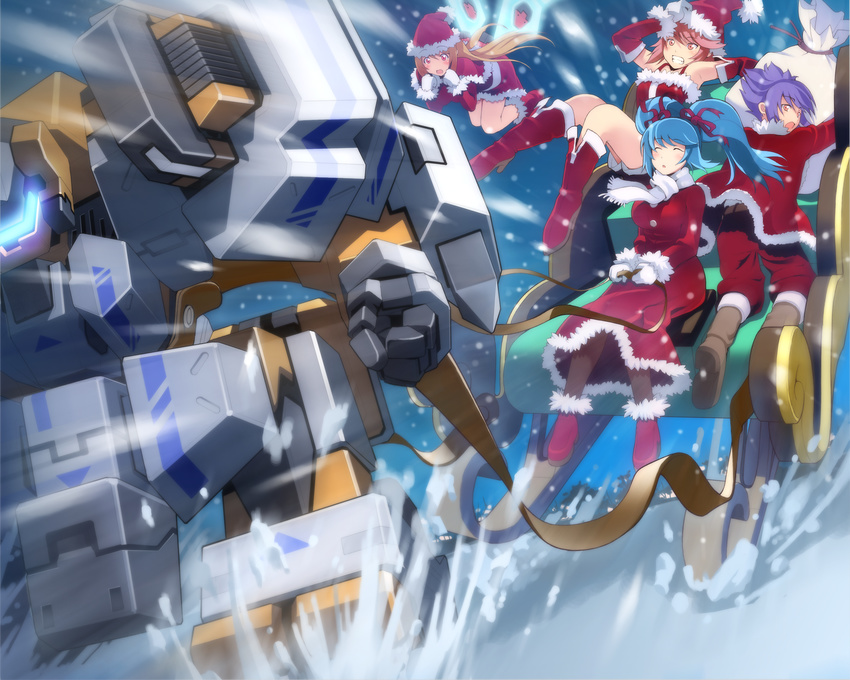 3girls absurdres bag blonde_hair blue_hair christmas closed_eyes cosmic_break crimrose hair_ribbon highres jikun_hu lily_rain mighty_byne multiple_girls official_art pantyhose pink_hair purple_hair red_eyes ribbon santa_costume seraph_crimrose sleigh snow twintails wakaba winberrl wings