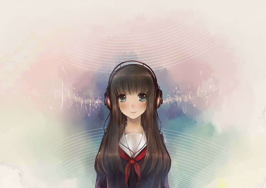 1girl artist_request blue_eyes blush brown_hair female gradient gradient_background headphones long_hair original school_uniform seifuku solo source_request suzushiro_sayu