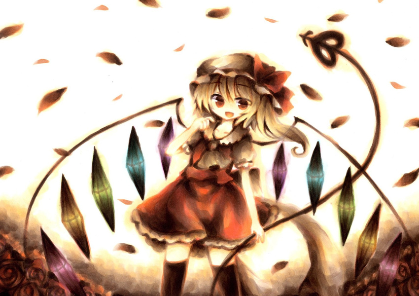 ascot blonde_hair flandre_scarlet hat highres red_eyes side_ponytail solo thighhighs touhou wings wiriam07