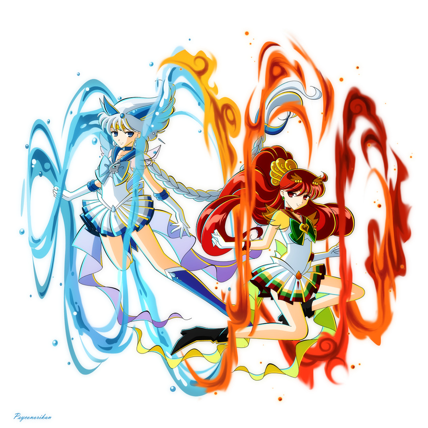 back_bow bishoujo_senshi_sailor_moon bow fire full_body gen_2_pokemon highres ho-oh long_hair lugia multiple_girls parody personification pokemon psyconorikan red_hair sailor_senshi_uniform silver_hair transparent_background water