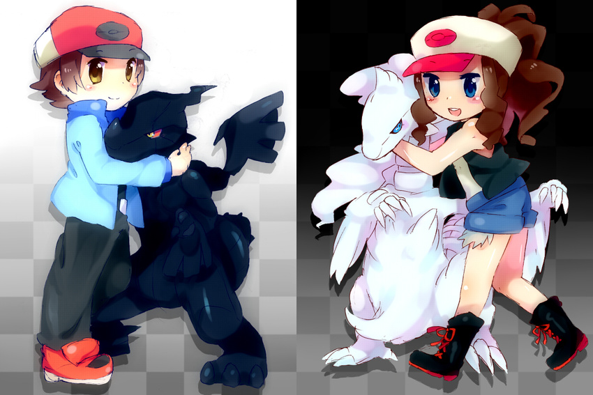 blue_eyes brown_eyes brown_hair clothing female hair hat hilbert_(pokemon) hilda_(pokemon) hug human legendary_pok&#233;mon male mammal nintendo pants pok&#233;mon pok&#233;mon_trainer pok&eacute;mon pokemon_trainer reshiram shoes video_games zekrom