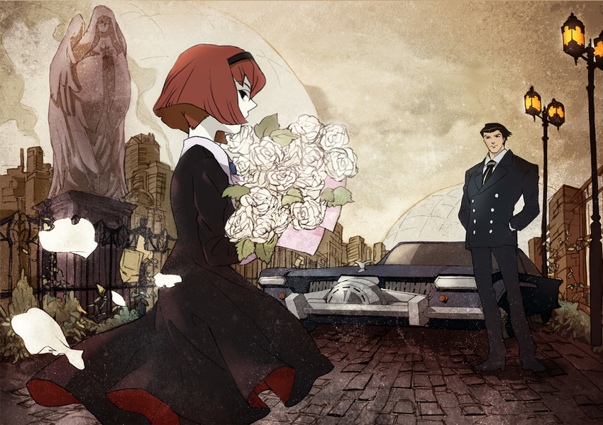 1girl 8day black_hair bob_cut bouquet brown_hair car city fence flower formal ground_vehicle lamppost motor_vehicle pale_skin petals r_dorothy_wayneright roger_smith rose sepia short_hair standing statue suit the_big_o white_flower white_rose