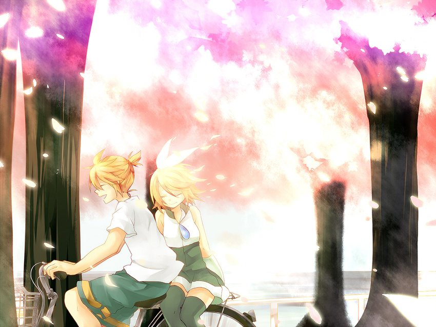 1girl bad_id bad_pixiv_id bicycle blonde_hair brother_and_sister cherry_blossoms closed_eyes dress ground_vehicle hair_ribbon highres kagamine_len kagamine_rin multiple_riders outdoors ribbon riding ryou_(fallxalice) short_hair siblings sidesaddle smile thighhighs tree twins vocaloid wallpaper zettai_ryouiki