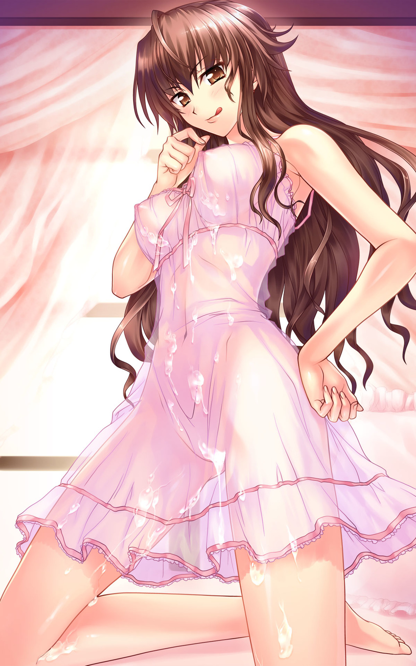 :q breasts brown_eyes brown_hair cum cum_on_clothes highres lingerie long_hair mahiro_takeumi medium_breasts nipples original see-through solo tongue tongue_out underwear