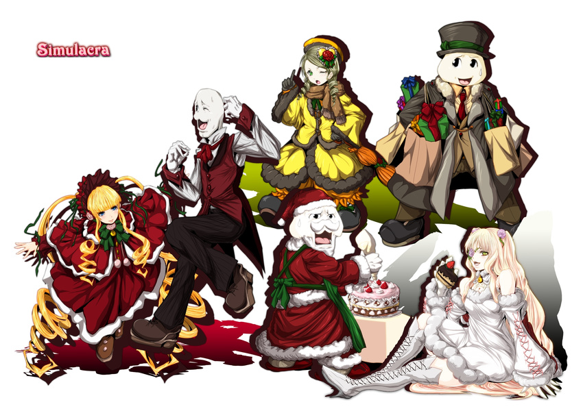 bad_id bad_pixiv_id blonde_hair cake character_request christmas food green_hair hat highres kanaria kirakishou madhatter_hello multiple_girls pink_hair rozen_maiden santa_costume santa_hat shinku simple_background