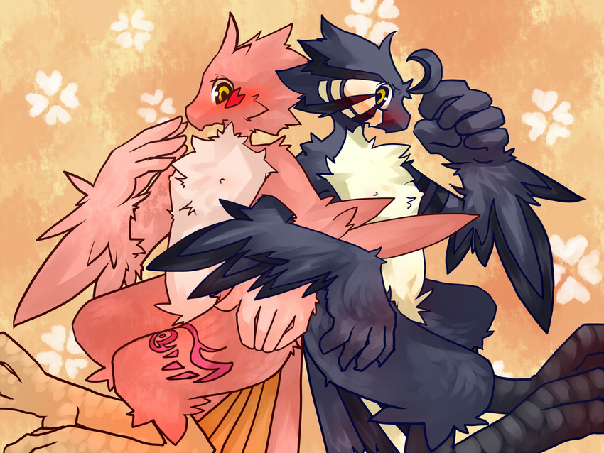 avian bird blue blue_feathers blush crossed_arms duo gay hand_holding kosian kuroba love male nipples nude pink pink_feathers