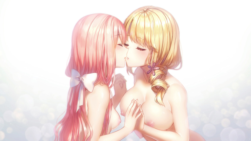 2girls abigail_(heart_of_the_woods) bangs blonde_hair blush breasts drill_hair eyes_closed face-to-face hair_ornament hair_ribbon heart_of_the_woods highres interlocked_fingers large_breasts long_hair maddie_raines multiple_girls nipples parted_lips pink_hair ribbon rosuuri simple_background small_breasts topless yuri