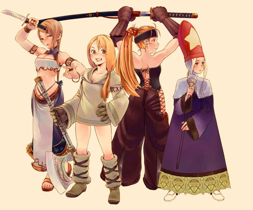 axe bad_id bad_pixiv_id blonde_hair bracelet braid breasts cleavage dagger dancer_(fft) final_fantasy final_fantasy_tactics geomancer_(fft) gloves hat highres jewelry katana long_hair medium_breasts multiple_girls ponytail revision ring robe samurai_(fft) staff sword thighs time_mage time_mage_(fft) uyama_hajime weapon