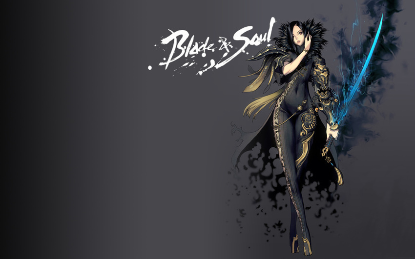 armor black_bodysuit black_hair blade_&amp;_soul bodysuit bracelet copyright_name crossed_legs front-seamed_legwear fur_trim glowing glowing_weapon gradient_hair highres jewelry jin_seo-yeon kim_hyung_tae legs multicolored_hair pauldrons ponytail print_legwear seamed_legwear slender_waist solo standing sword tassel vambraces wallpaper watson_cross weapon