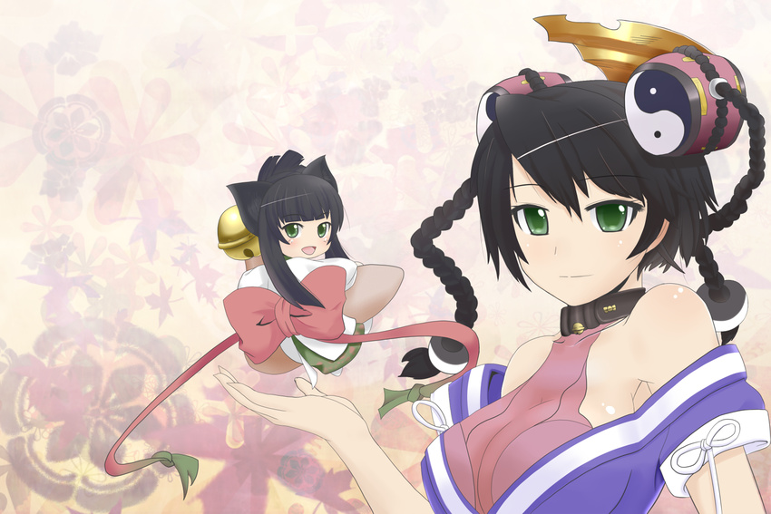 animal_ears ar_tonelico ar_tonelico_i bare_shoulders battlegaregga bell bell_collar black_hair braid breasts cat_ears collar green_eyes hair_ornament hama jingle_bell long_hair medium_breasts misha_arsellec_lune multiple_girls open_mouth twin_braids yin_yang