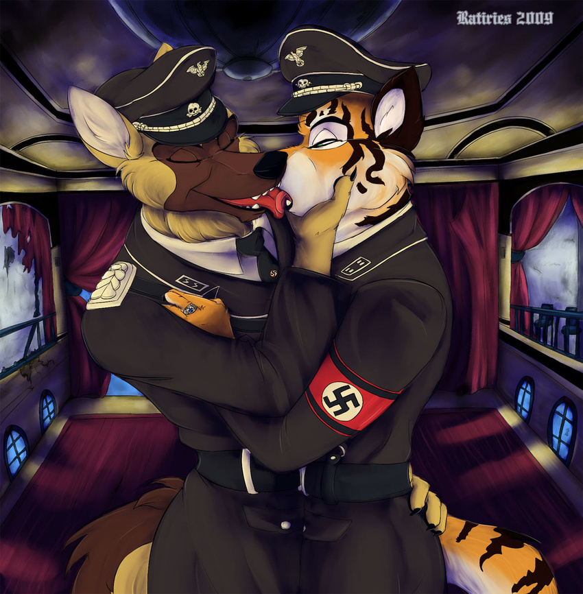 canine dog drama feline gay german_shepherd hat kissing male nazi paradox ratiries smove stefan teeth tiger tongue uniform 卐