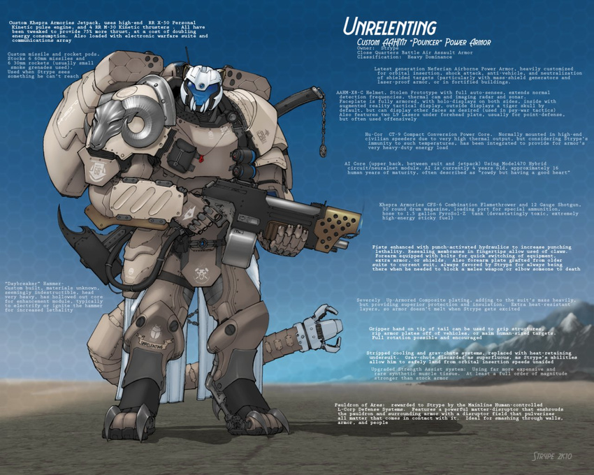 background_text desert epic feline flamer gun jetpack male mammal marine more_dakka power_armor ranged_weapon shotgun simple_background solo strype tiger weapon