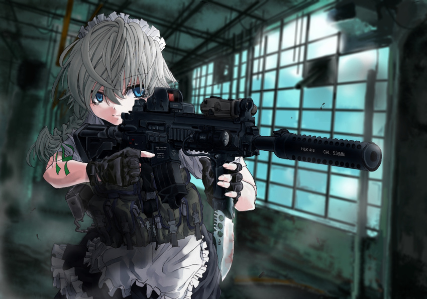 assault_rifle bad_id bad_pixiv_id blue_eyes cqc eotech fingerless_gloves gloves gun heckler_&amp;_koch highres hk416 holding holding_gun holding_weapon izayoi_sakuya knife koh_(minagi_kou) load_bearing_vest maid maid_headdress military_operator rifle silver_hair solo suppressor touhou trigger_discipline vertical_foregrip weapon