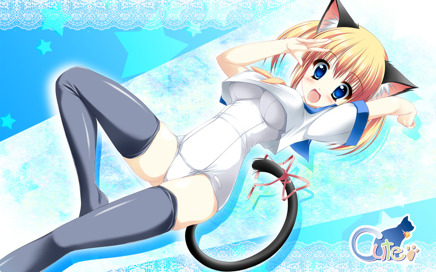 animal_ears blonde_hair blue_eyes cat_ears cat_tail highres kamiya_tomoe one-piece_swimsuit original school_swimsuit solo swimsuit tail thighhighs twintails wallpaper white_school_swimsuit white_swimsuit