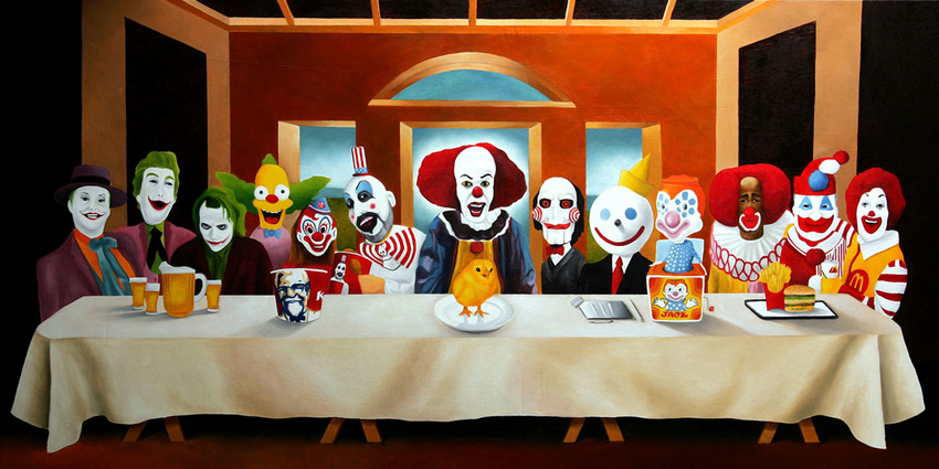 beer billy bozo_the_clown captain_spaulding chick clowns cocaine food french_fries fried_chicken group hamburger homey_d_clown human it jack_in_a_box jack_in_the_box john_wayne_gacy kfc krusty_the_clown menacing michael_myers nightmare_fuel not_furry parody pennywise ronald_mcdonald saw the_joker the_last_supper unknown_artist what