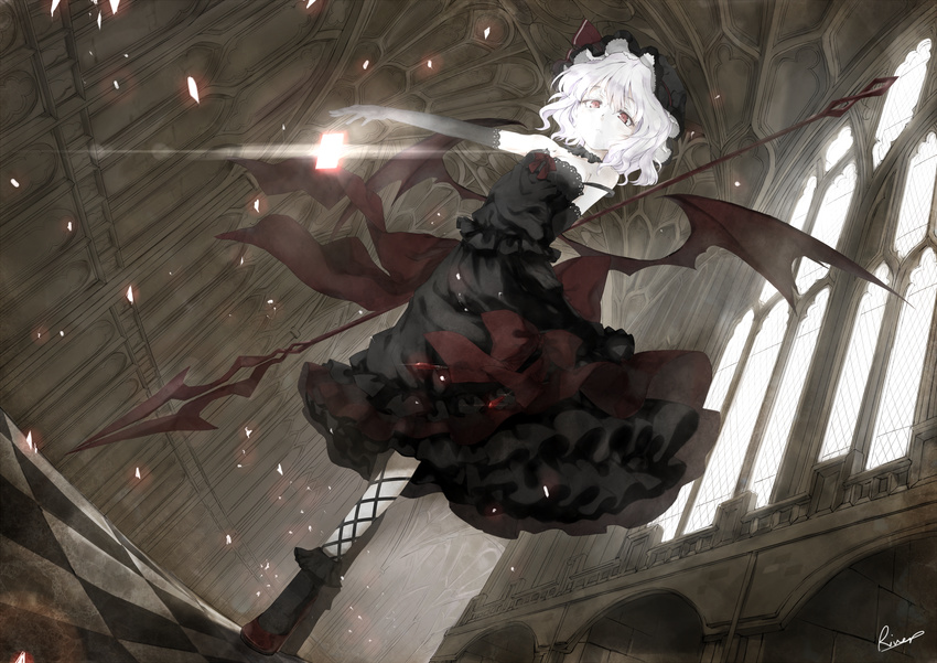 alternate_color alternate_costume bare_shoulders bat_wings black_dress bobby_socks bow breasts ceiling checkered checkered_floor cleavage dress dutch_angle elbow_gloves frills from_below gathers gloves glowing hat highres indoors kawahara_fantasia lace large_bow leg_ribbon lens_flare outstretched_arm pale_skin polearm red_eyes remilia_scarlet ribbon short_hair slit_pupils small_breasts socks solo spear spear_the_gungnir spell_card standing strap_slip touhou weapon white_hair wings