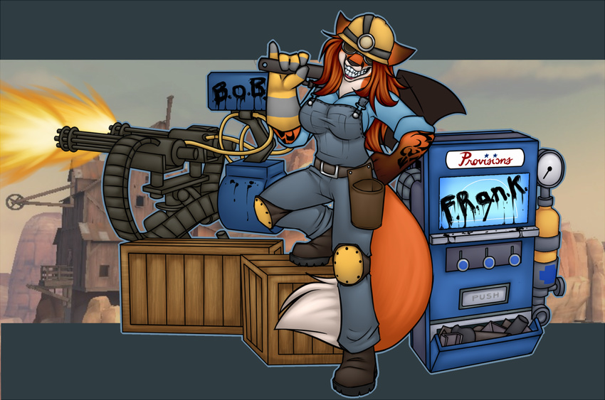 black_nose boxes canine dackstrus engineer engineer_(team_fortress_2) eyewear female fox gloves goggles hair hat knee_pads lipstick lockworkorange long_hair looking_at_viewer mammal minigun overalls projectblue02 red_hair smile solo tattoo team_fortress_2 teeth vixen wings wrench