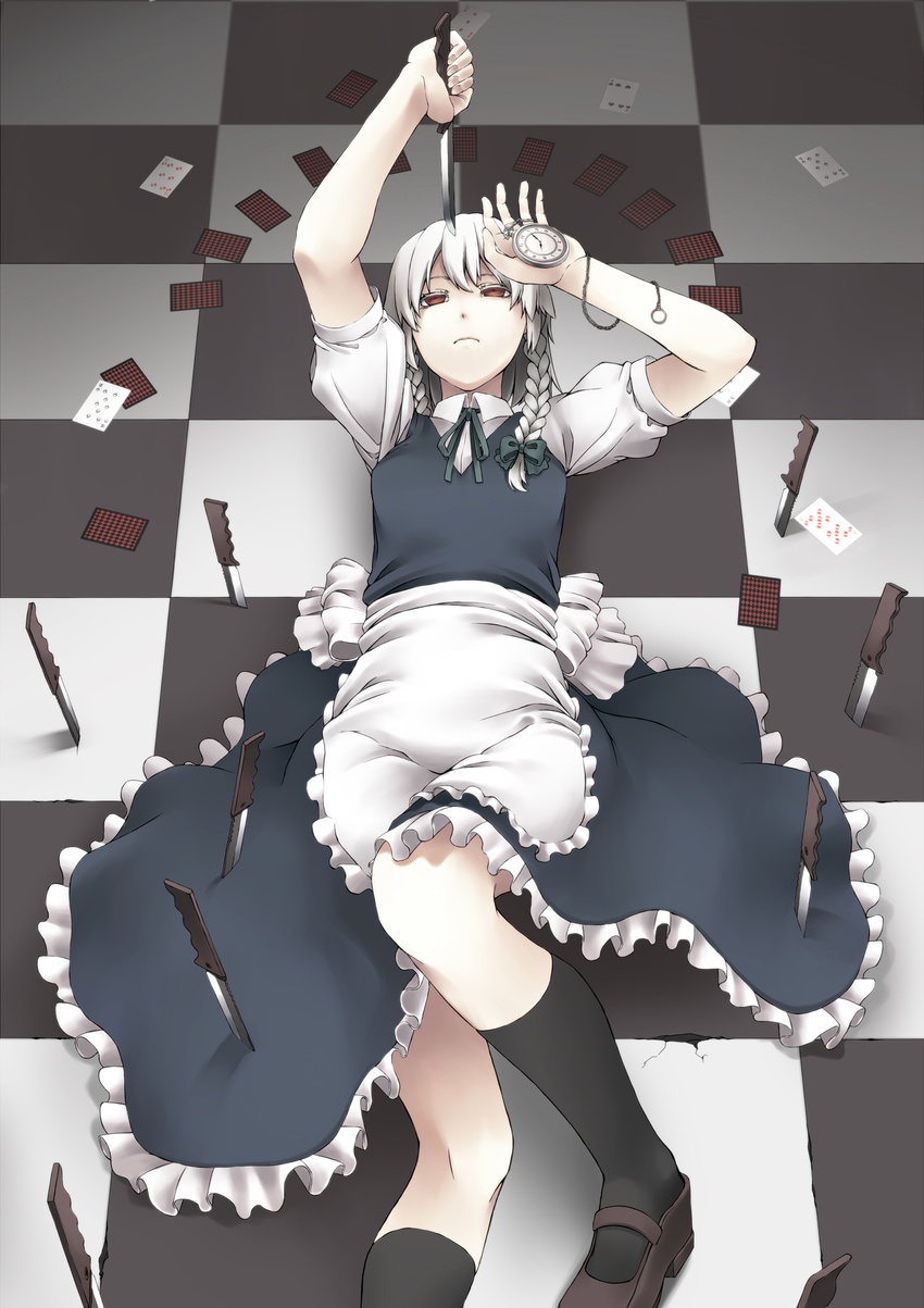 absurdres bad_id bad_pixiv_id braid card checkered checkered_floor highres irie_tetsuya izayoi_sakuya knife lying_card maid maid_headdress pocket_watch red_eyes short_hair silver_hair solo touhou twin_braids watch