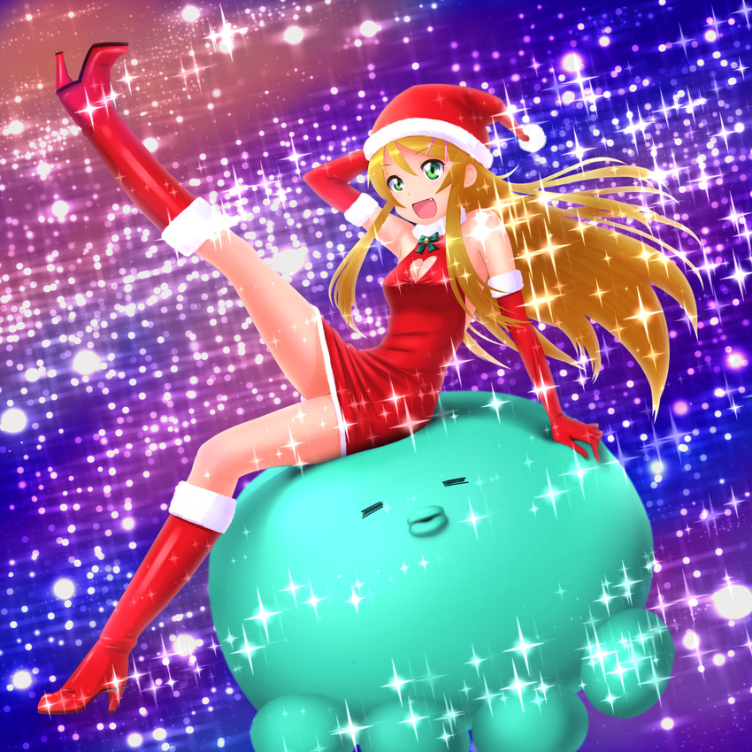 :d absurdres akahige blue_eyes boots breasts cleavage cleavage_cutout elbow_gloves fang gloves heart heart_cutout highres kousaka_kirino legs long_hair medium_breasts octopus open_mouth orange_hair ore_no_imouto_ga_konna_ni_kawaii_wake_ga_nai red_gloves riding santa_costume smile solo