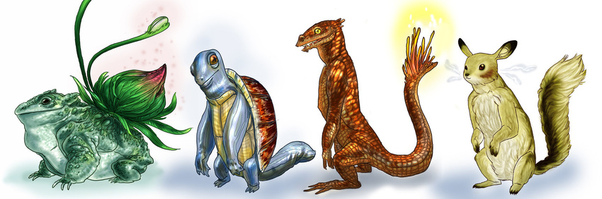 amphibian blue_skin bulbasaur charmander dragon fire frog fur green_skin lizard mammal nintendo orange_scales pikachu pok&#233;mon pok&eacute;mon realistic reptile rodent scalie squirrel squirtle tail turtle unknown_artist video_games yellow_fur