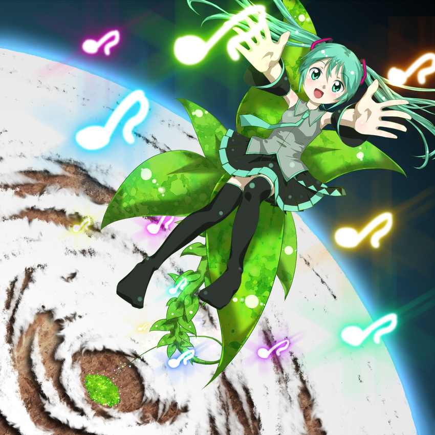 aomi_mayoru aqua_eyes aqua_hair detached_sleeves earth hatsune_miku hello_planet_(vocaloid) highres long_hair musical_note necktie open_mouth outstretched_arms plant reaching sitting solo thighhighs twintails very_long_hair vocaloid zettai_ryouiki