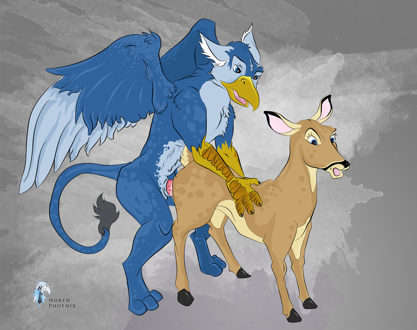 2010 anthro_bestiality avian blue cervine deer doggy_position female feral from_behind gryphon hooves interspecies male northphoenix penis sex straight wings