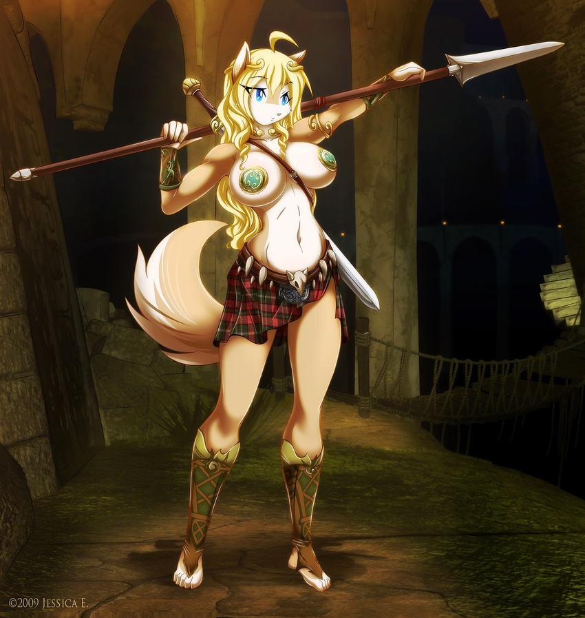 barefoot big_breasts blonde_hair blue_eyes breasts canine female freya hair jessica_elwood pasties polearm skirt solo spear sword tail unconvincing_armour weapon wolf