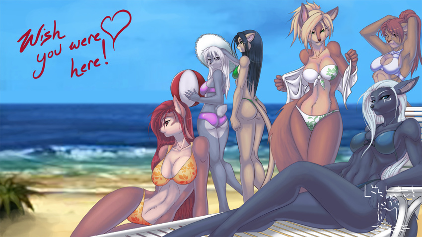 beach beach_ball bikini black_hair blonde_hair blue_hair canine dossun feline female fox gray_hair hair lion looking_at_viewer ocean red_hair seaside skimpy straw_hat tail white_hair