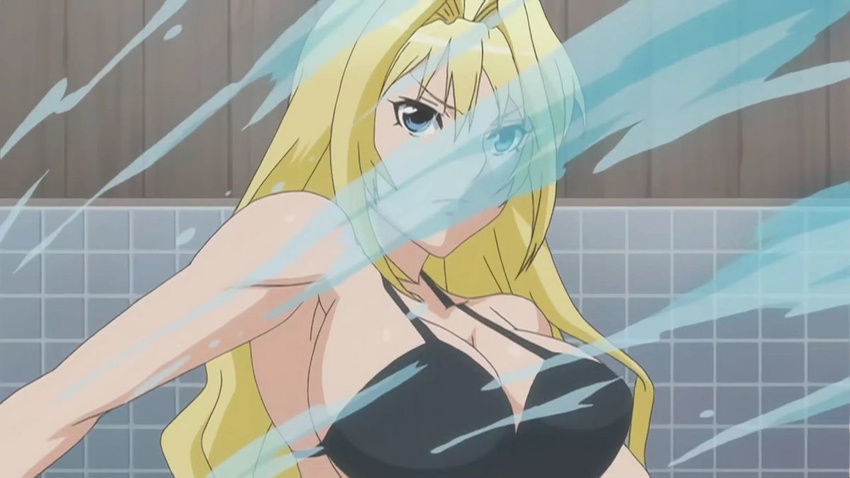 armpits bare_shoulders bathroom bikini blonde_hair blue_eyes breasts cleavage large_breasts long_hair looking_at_viewer sekirei serious solo standing swimsuit tsukiumi water