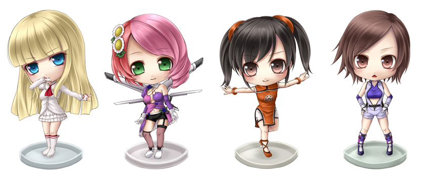 alisa_boskonovich artificial_wings asymmetrical_legwear bad_id bad_pixiv_id black_hair blonde_hair blue_eyes brown_eyes brown_hair flower green_eyes kazama_asuka lili_(tekken) ling_xiaoyu mochi.f multicolored_hair multiple_girls nendoroid orange_shirt pink_hair shirt tekken tekken_6 thighhighs twintails wings