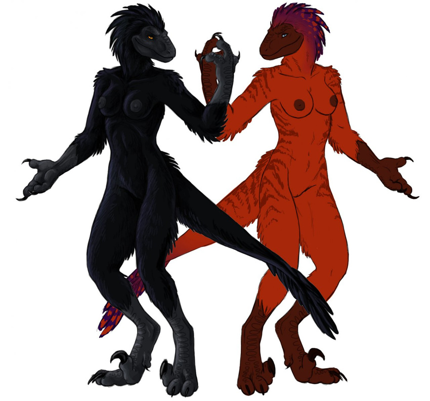 anthro autumnsunrise breasts claws dinosaur duo feather female mirror nipples nude plain_background pose raptor scalie sibling standing toe_claws twins white_background