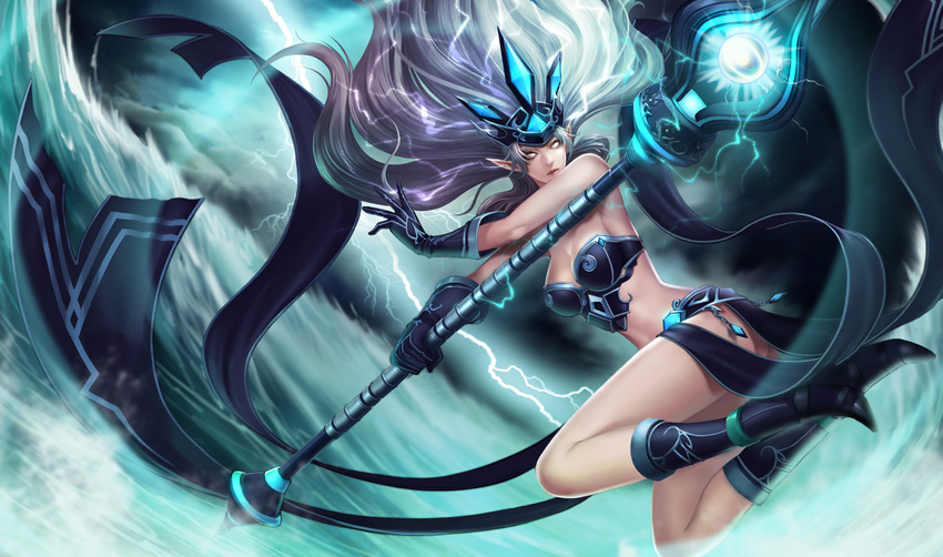 artist_request boots breasts bustier cleavage gloves janna_windforce large_breasts league_of_legends lightning lingerie long_hair midriff official_art pointy_ears solo staff underwear