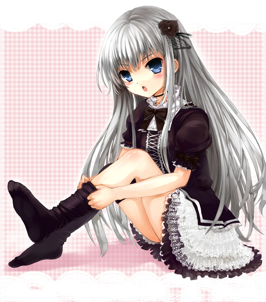 blue_eyes dressing feet female frills full_body gothic_lolita grey_hair hair_ornament haiyore!_nyaruko-san highres lolita_fashion long_hair nyarlathotep nyarlathotep_(nyaruko-san) nyaruko open_mouth solo thighhighs