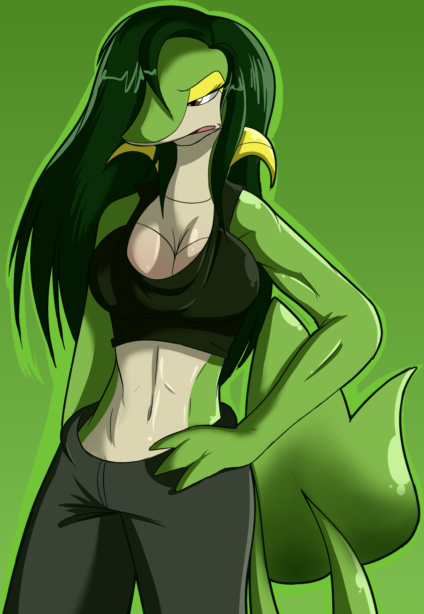 absurd_res annoyed big_breasts blacksen breasts female gen_v green green_hair hair hi_res insane_res pants pok&eacute;mon snivy solo tank_top tsutaja